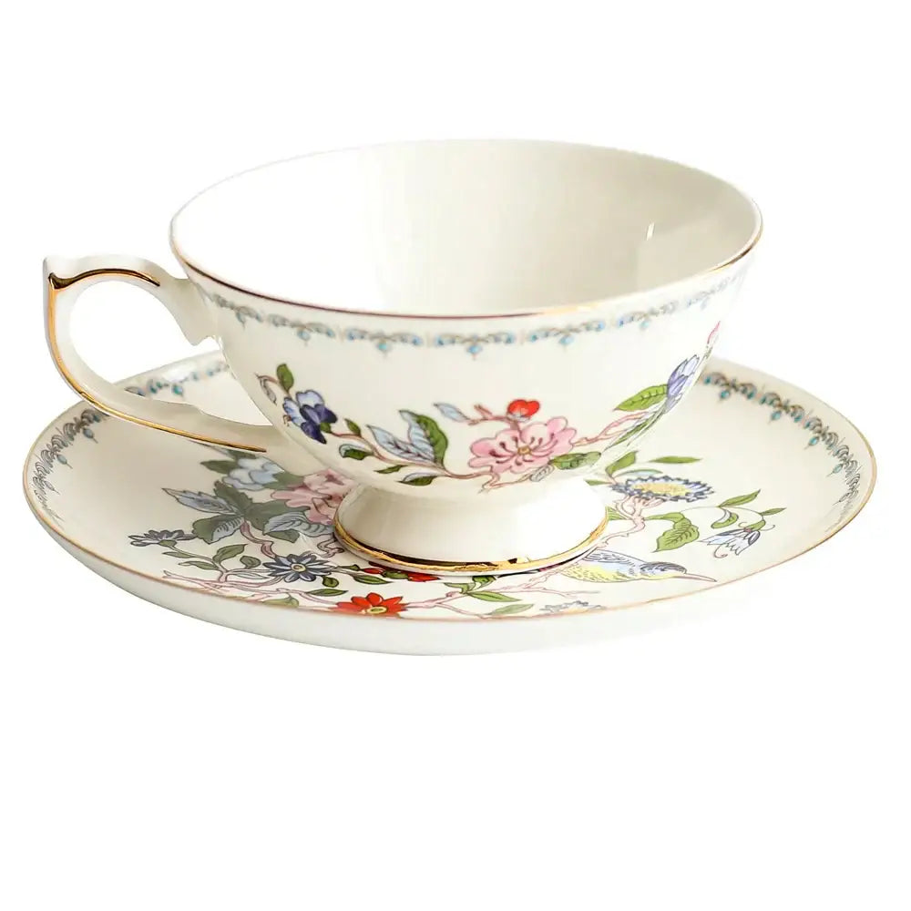 Floral white bone china tea cup set dining room gold rim drinkware