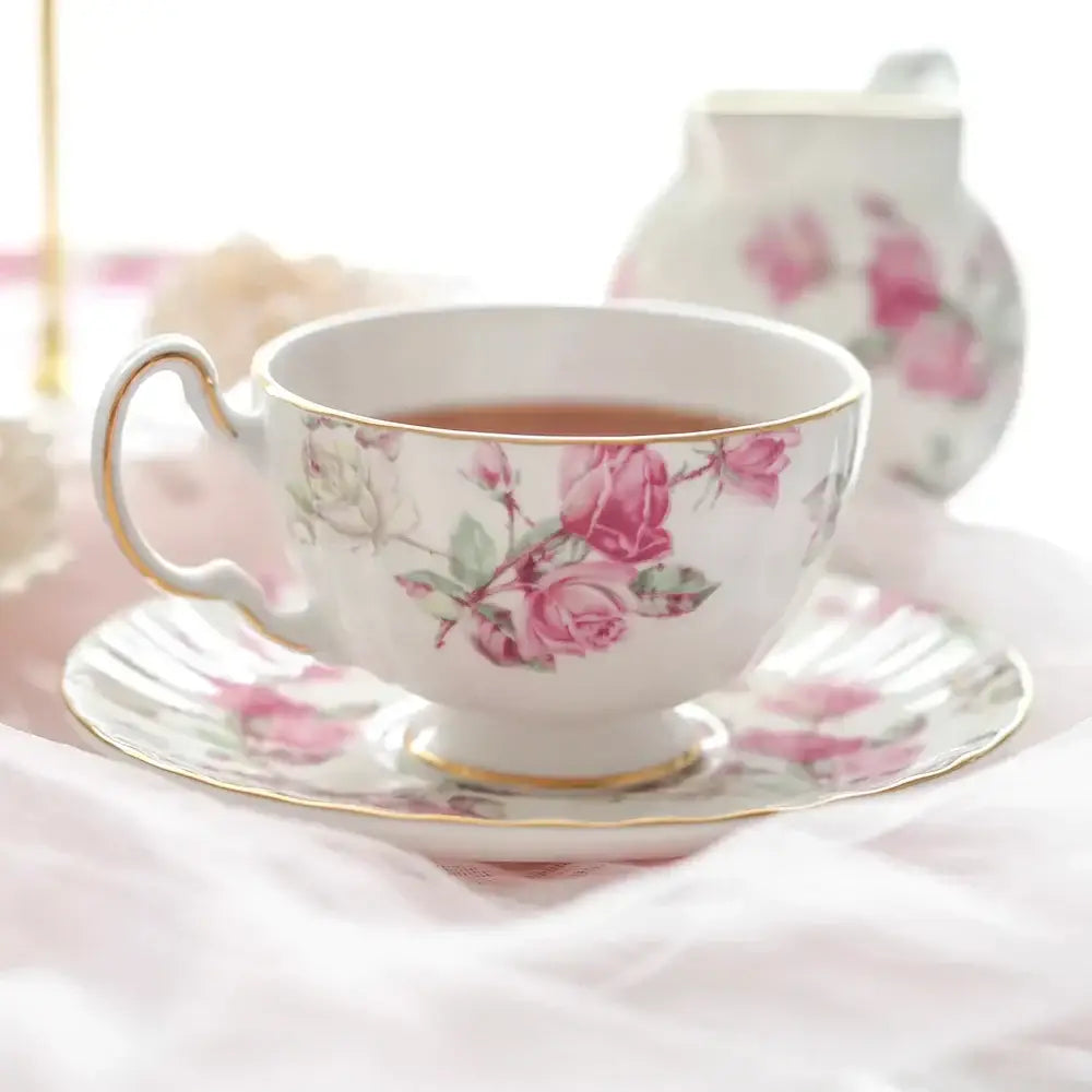 Floral white bone china tea cup set dining room gold rim drinkware