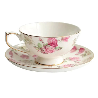 Floral white bone china tea cup set dining room gold rim drinkware
