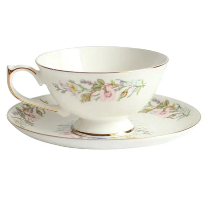 Floral white bone china tea cup set dining room gold rim drinkware