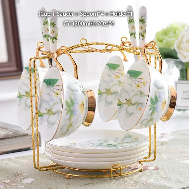 Floral white camellia bone china tea set dining room gold accents
