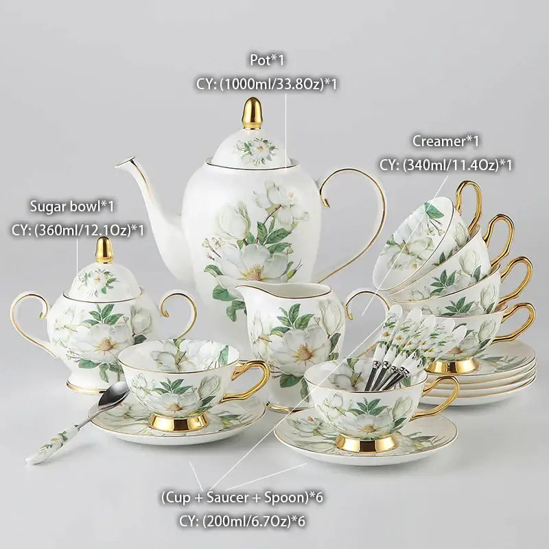 Floral white camellia bone china tea set dining room gold accents