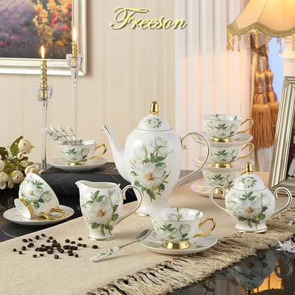 Floral white camellia bone china tea set dining room gold accents