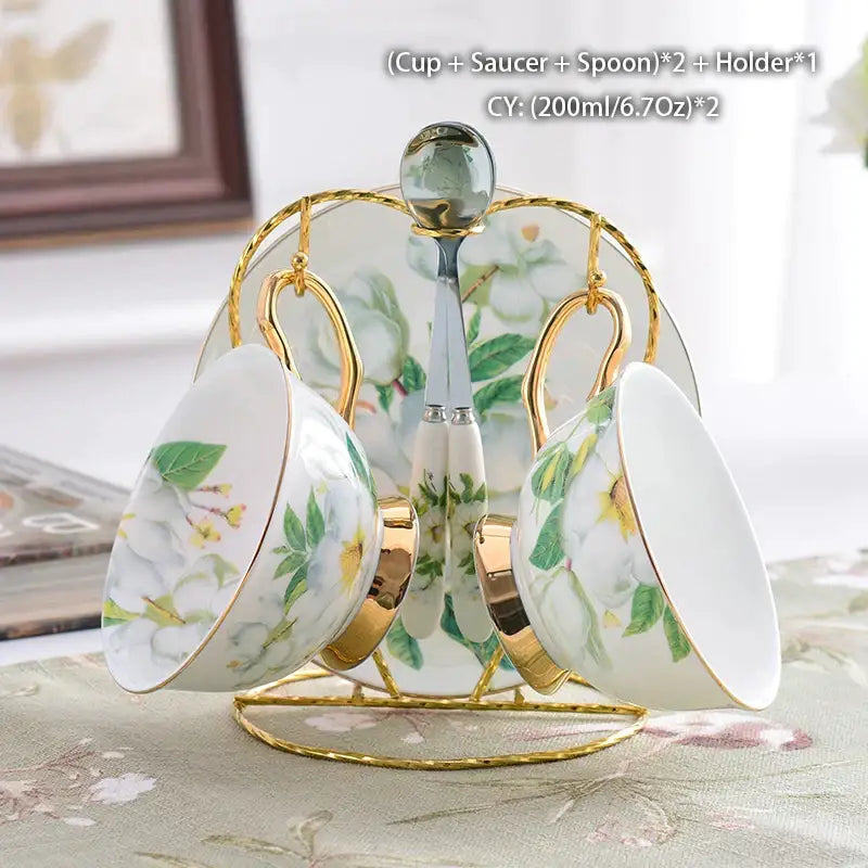 Floral white camellia bone china tea set dining room gold accents