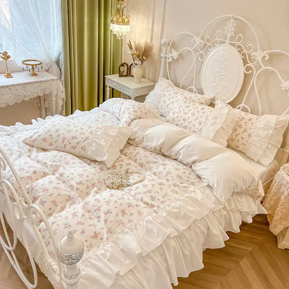 Floral white cotton bedding set with pleat lace ruffles bedroom ensembles