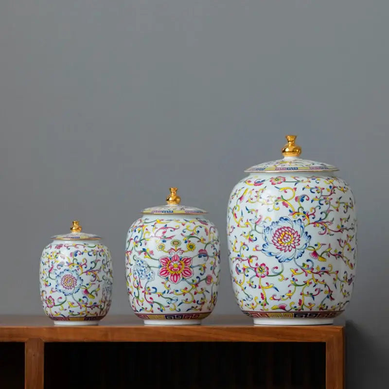 Floral white enamelled porcelain tea caddy ginger jar dining room
