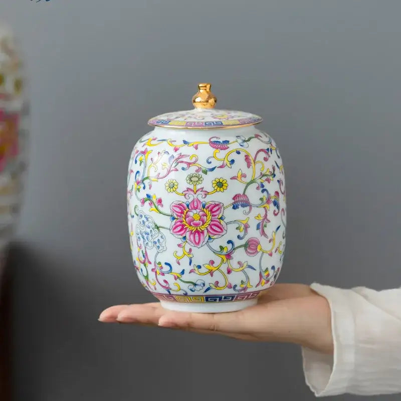Floral white enamelled porcelain tea caddy ginger jar dining room