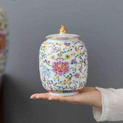 Floral white enamelled porcelain tea caddy ginger jar dining room