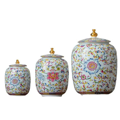 Floral white enamelled porcelain tea caddy ginger jar dining room