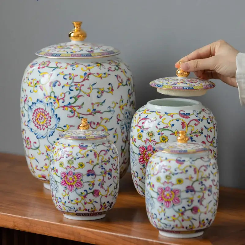 Floral white enamelled porcelain tea caddy ginger jar dining room