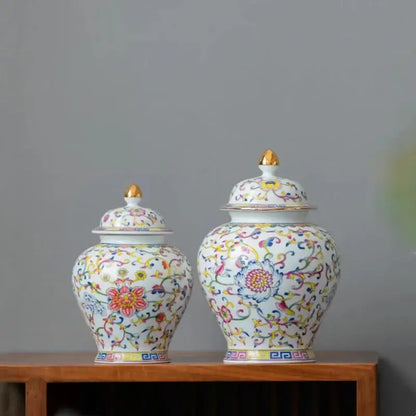 Floral white enamelled porcelain tea caddy ginger jar dining room
