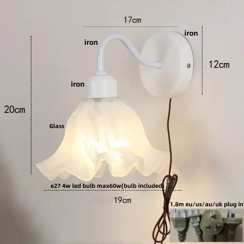 Floral white glass wall sconce with pull chain switch stair light