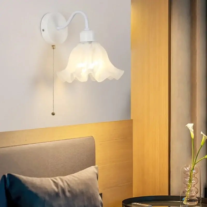 Floral white glass wall sconce with pull chain switch stair light