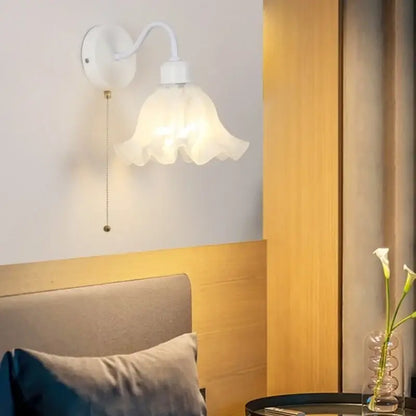 Floral white glass wall sconce with pull chain switch stair light