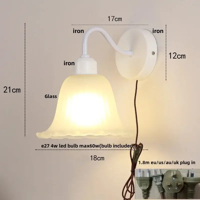 Floral white glass wall sconce with pull chain switch stair light