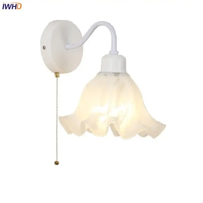 Floral white glass wall sconce with pull chain switch stair light