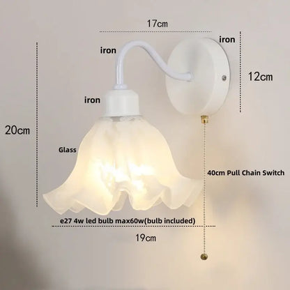 Floral white glass wall sconce with pull chain switch stair light