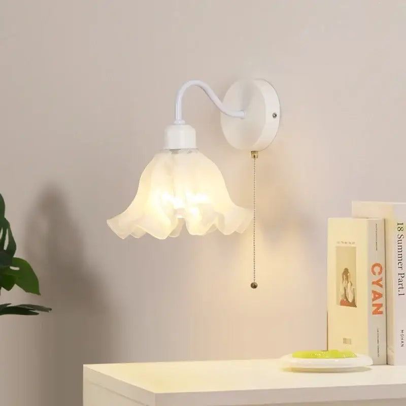 Floral white glass wall sconce with pull chain switch stair light