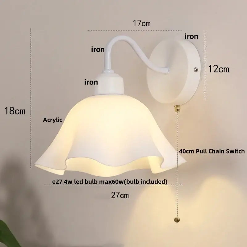 Floral white glass wall sconce with pull chain switch stair light
