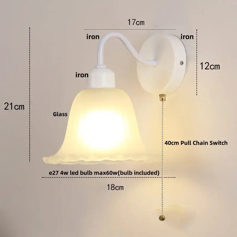 Floral white glass wall sconce with pull chain switch stair light