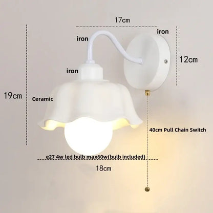 Floral white glass wall sconce with pull chain switch stair light
