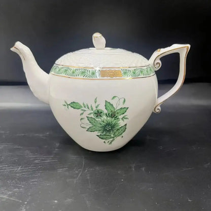 Floral white & green ceramic tea cup set dining room gold trim