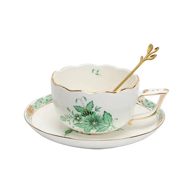 Floral white & green ceramic tea cup set dining room gold trim