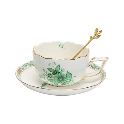 Floral white & green ceramic tea cup set dining room gold trim