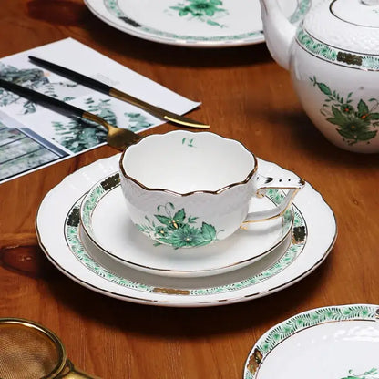Floral white & green ceramic tea cup set dining room gold trim