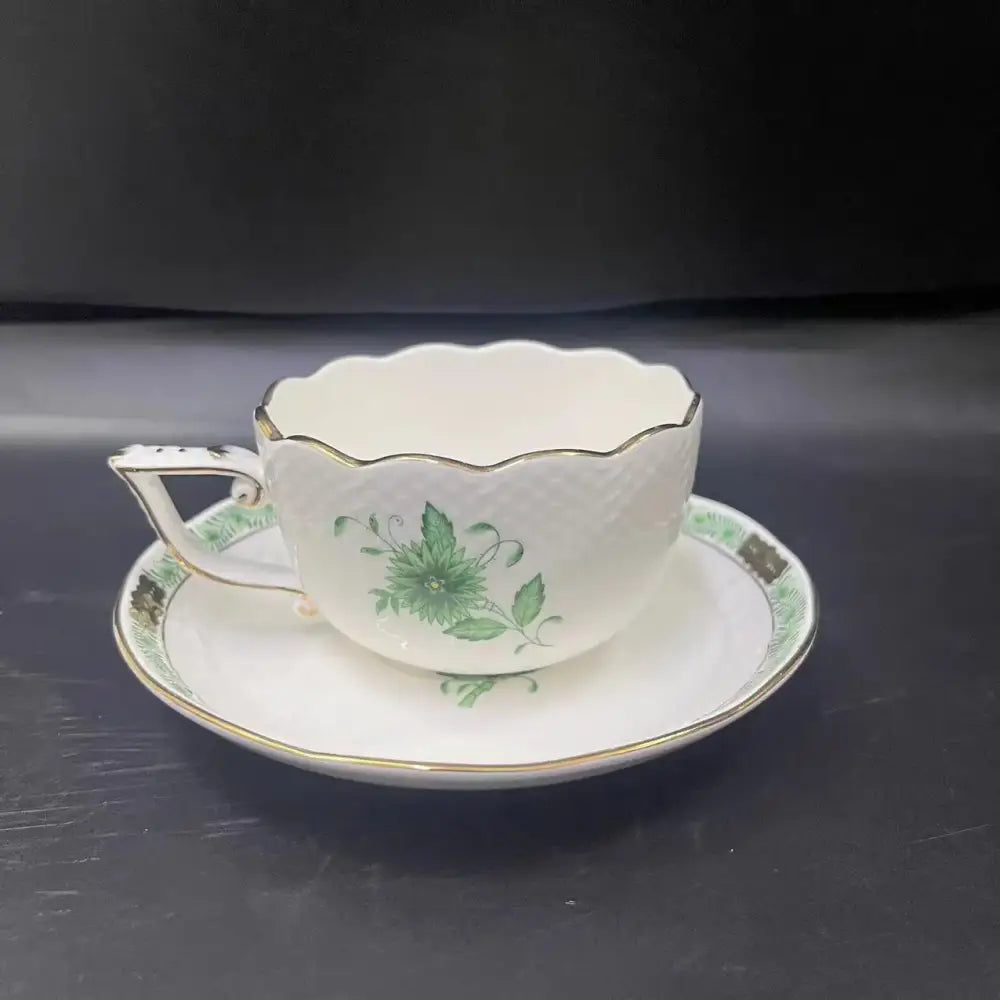 Floral white & green ceramic tea cup set dining room gold trim