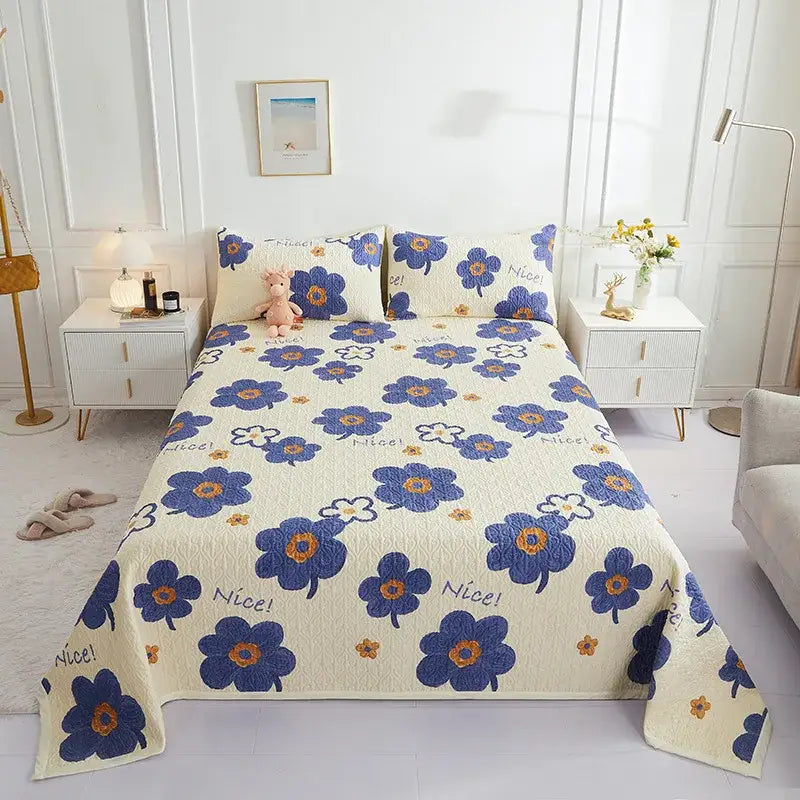 Floral white & green cotton double bedspread set bedroom decor