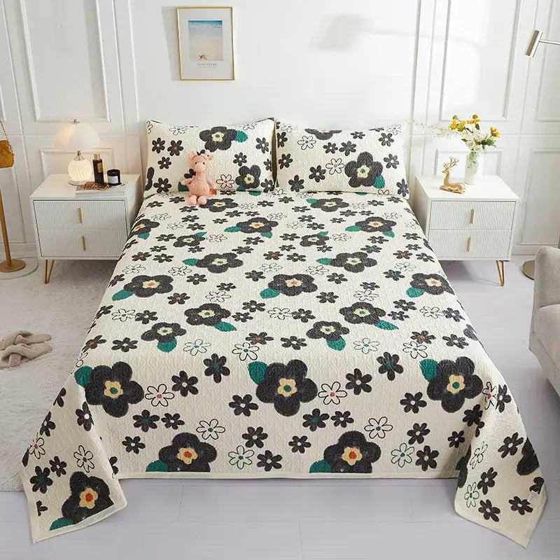 Floral white & green cotton double bedspread set bedroom decor