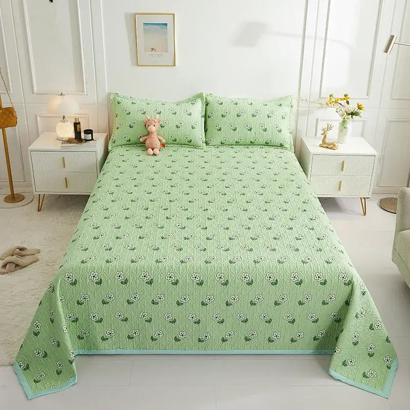 Floral white & green cotton double bedspread set bedroom decor