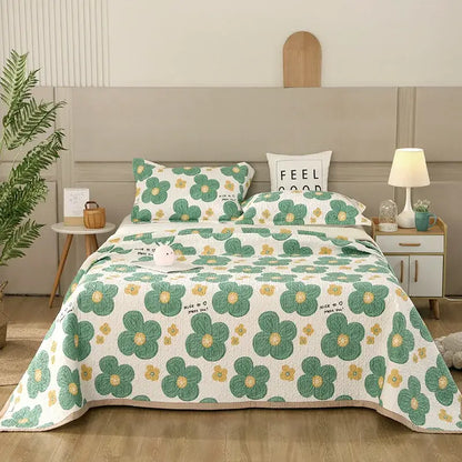 Floral white & green cotton double bedspread set bedroom decor