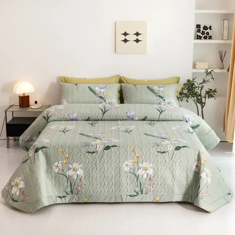 Floral white & green quilted bed cover set bedroom cotton bedspread
