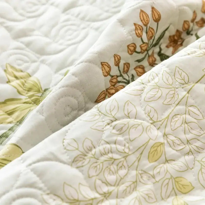 Floral white & green quilted bed cover set bedroom cotton bedspread