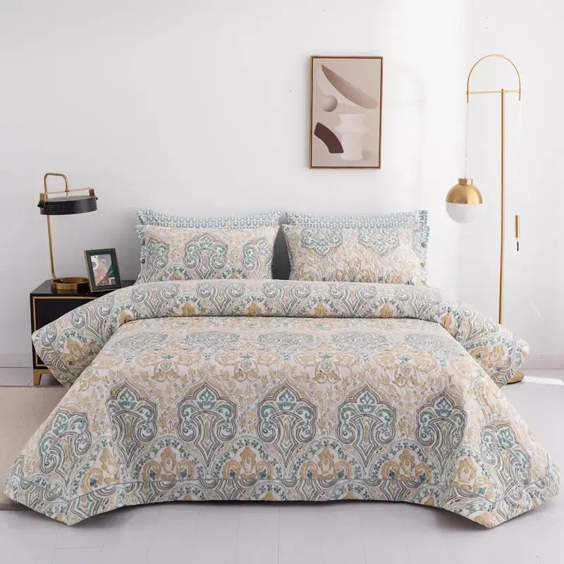 Floral white & green quilted bed cover set bedroom cotton bedspread