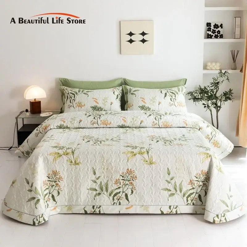 Floral white & green quilted bed cover set bedroom cotton bedspread