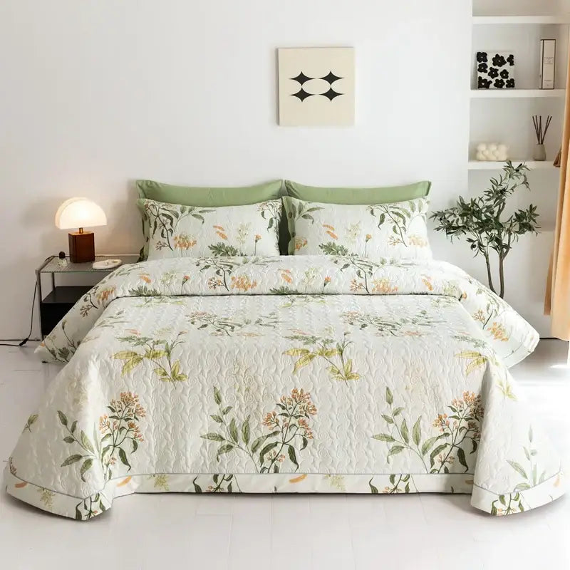 Floral white & green quilted bed cover set bedroom cotton bedspread