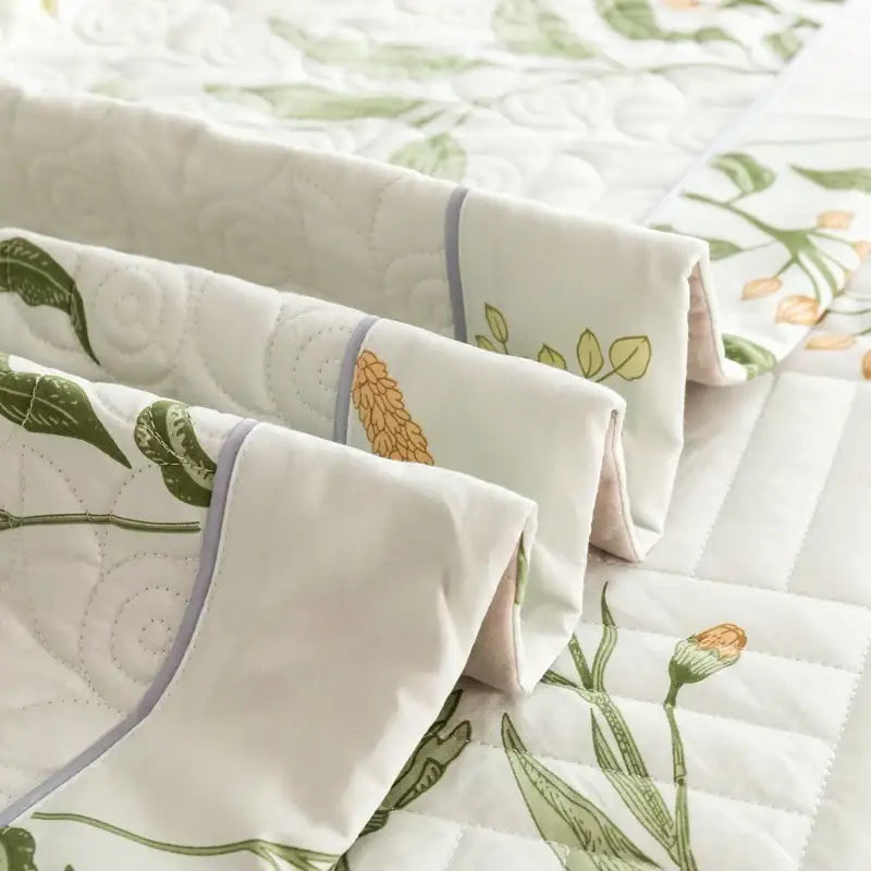Floral white & green quilted bed cover set bedroom cotton bedspread