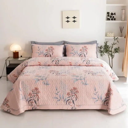 Floral white & green quilted bed cover set bedroom cotton bedspread
