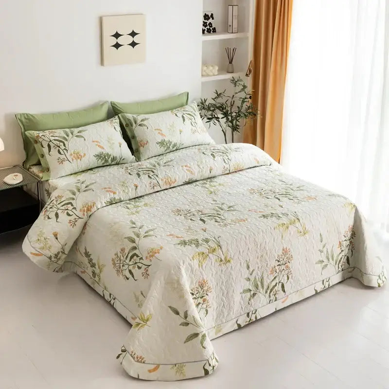 Floral white & green quilted bed cover set bedroom cotton bedspread