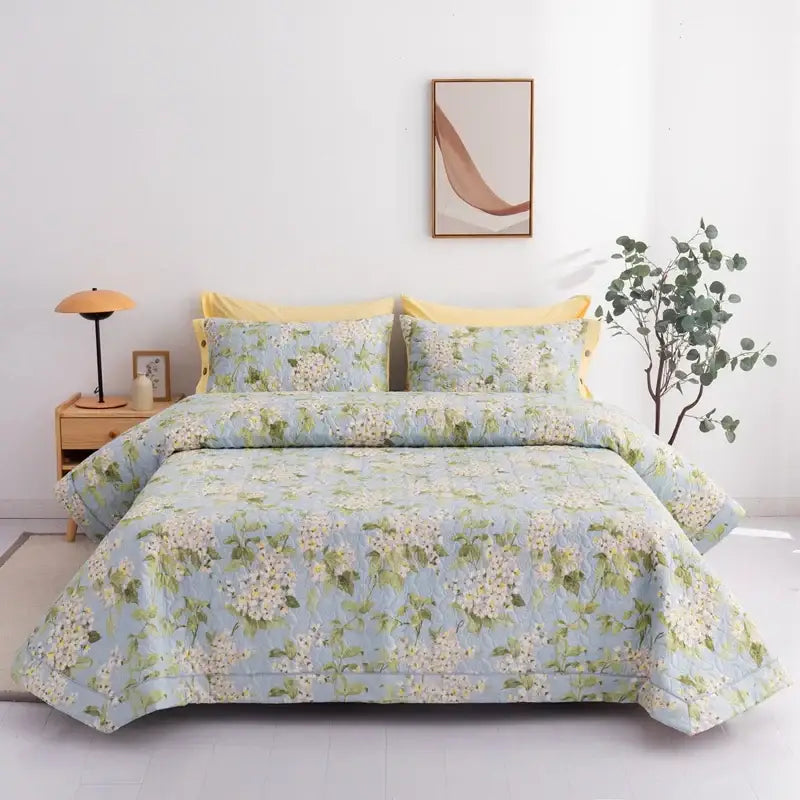 Floral white & green quilted bed cover set bedroom cotton bedspread