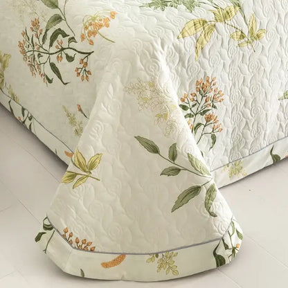 Floral white & green quilted bed cover set bedroom cotton bedspread