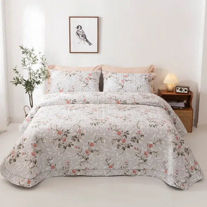 Floral white & green quilted bed cover set bedroom cotton bedspread