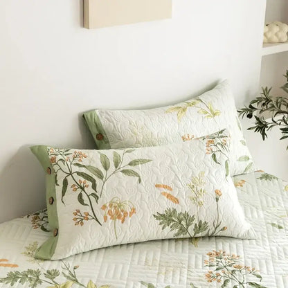 Floral white & green quilted bed cover set bedroom cotton bedspread