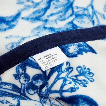 Floral white & navy cozy flannel plush blanket bedroom throw