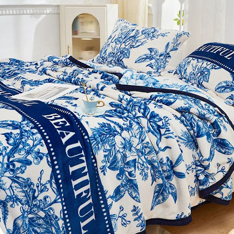 Floral white & navy cozy flannel plush blanket bedroom throw