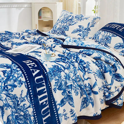 Floral white & navy cozy flannel plush blanket bedroom throw