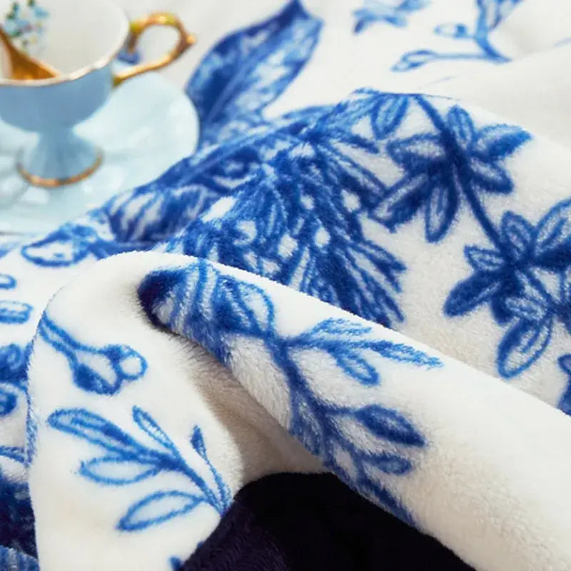Floral white & navy cozy flannel plush blanket bedroom throw